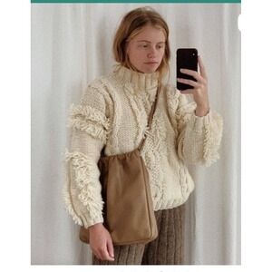 Kordal Chunky Knit Highland Wool Fringe Sweater Cream Cable Knit M NWT‎